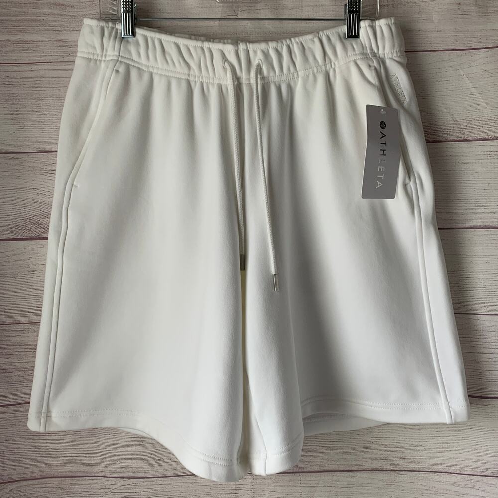 Athleta Terry Heavyweight Bermuda Shorts Bright White Drawstring Waist Size M - Picture 1 of 16